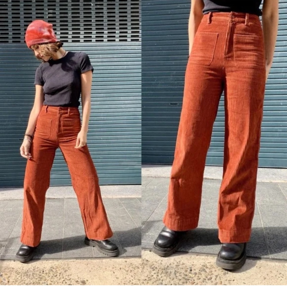 Ulla Johnson $395 Corduroy Trouser Pants Wide Leg Brown Orange Rust High Waist